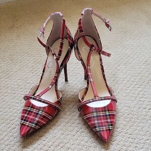 Jessica Simpson Red Plaid Heels with Ankle Straps